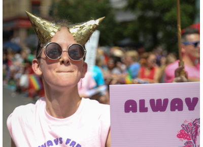 SLUG Designer Mel Wise rocks a two-horned unicorn look. Photo: John Barkiple.