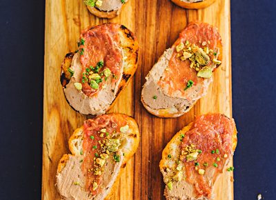 Provisions gave us a sweet, salty and savory treat of chicken liver mousse with smoked organic chicken, rhubarb compote, basil and pistachio over a slice of toast. Photo: Talyn Sherer