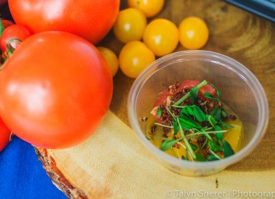 The tomato lovers rejoiced at Stoneground Kitchen's heirloom tomato salad with house-cured pancetta, bagna cauda and crispy quinoa. Photo: Talyn Sherer