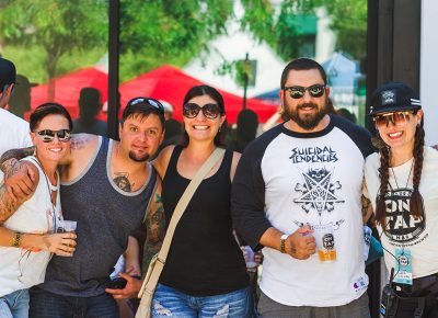 (L–R) Amy Leininger (The Ruin), Jiu Sorrentino, Lenny Chiavelli, Rhedu Fouad and Angela Brown huddle together for a group portrait while tossing back a few. Photo: Talyn Sherer