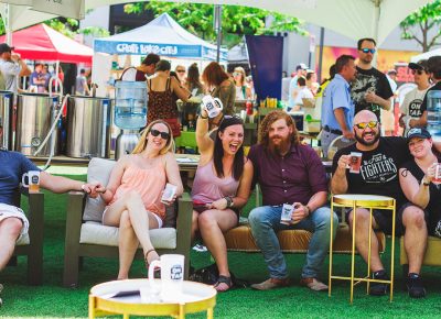 (L–R) Advanced beer aficionados Max Walling, Cimmaron Smith, Mckenna Scott, Don Moore, Troy Jones and Nicki DeLair work their way through the rounds of local brew. Photo: Talyn Sherer