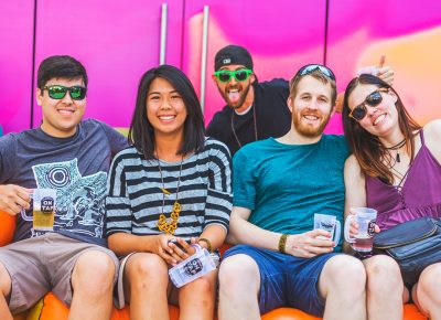 (L–R) Justin McDaniel, Nittaya Phonharath, Dereck Sherer, Adria Cauihgton and Paige Allred relax after a hot afternoon of sampling some of Utah's best. Photo: Talyn Sherer