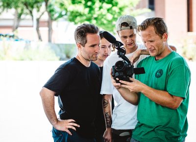 Dustin and the boys checking the footage. Photo: Niels Jensen