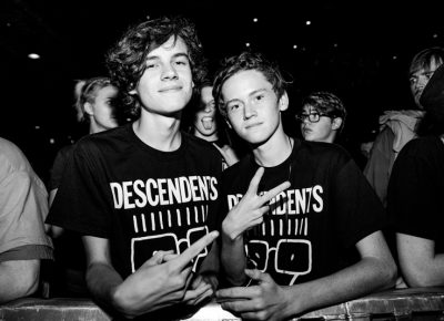 Lillie and Andrew at the front of the stage during The Bronx's set. Photo: Gilbert Cisneros