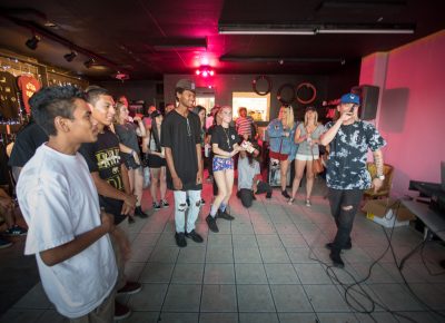 Radius works the crowd at Gold Blood’s opening celebration on Aug. 5, 2017. Photo: John Barkiple