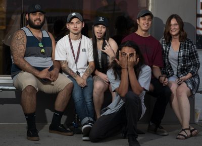 (L–R) Oscar Aguilar, Christian Howton, Alaska Kelsch, Jake, Chris Holt and Ally Nagle came out in support of Gold Blood’s opening on August 5, 2017. Photo: John Barkiple