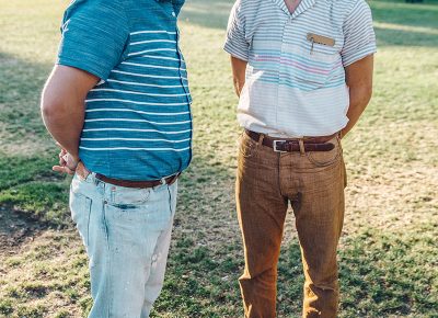 (L–R) Michael Wood and Denney Fuller posing for the picture. However these two are not posing in life. They are the real deal of fun-loving, SLC-grown quality folk. Photo: johnnybetts.com