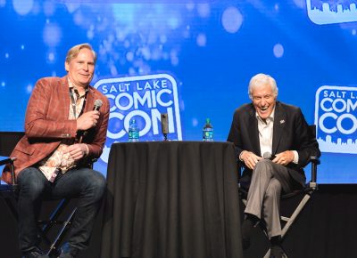 Dan Farr helps Dick Van Dyke moderate his panel during the guest Q&A. Photo: Lmsorenson.net