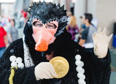 Cosplayer Jess with her terrific Niffler from Fantastic Beasts. Photo: Lmsorenson.net