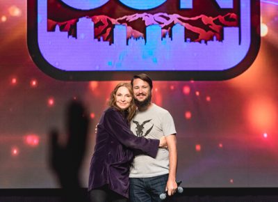 Gates McFadden and Will Wheaton share an onstage hug. Photo: Lmsorenson.net