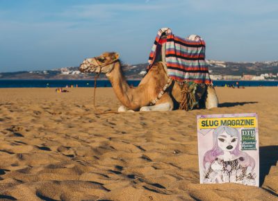 SLUG Mag catching some rays out on the beach of Tangier next to a Moroccan camel. Photo: Talyn Sherer