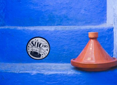 A SLUG sticker finds a new home next to a Moroccan tagine in the city of Chefchaouen, Morocco. Photo: Talyn Sherer