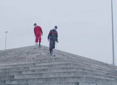 (L–R) Matthias (Nicolas Maxim Endlicher) and Matthew (Antoine Lahaie) vie for masculine dominance in Slamdance film M/M.