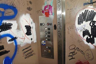 Graffiti, artwork and doodles cover the interior of an elevator in the Mosse Humanities Building. The elevator travels between the ground floor level and the upper floors of the building, where many aspiring artists and the department of art studios and are found. ©UW-Madison University Communications 608/262-0067 Photo courtesy: Jeff Miller