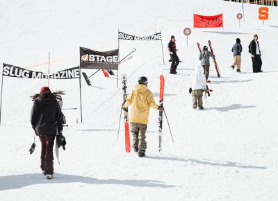 Skiiers and riders hiking up for finals. Photo: Matthew Hunter