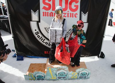 (L–R) Gwynnie Park and Lou Park claiming medals in the Women’s 17 & Under Snow division. Photo: Matthew Hunter