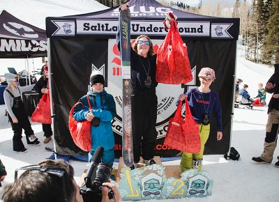 (L–R) Alex Mallen, Carter Wessman and Luke Mallen in the Men's 17 & Under Ski division. Photo: Matthew Hunter