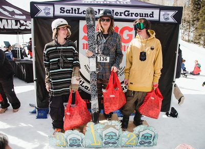 (L–R) Bayard Baker, Tucker FitzSimons and Kevin Bane medaling in the Men's Open Ski division. Photo: Matthew Hunter