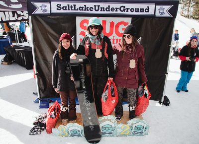 (L–R) Chloe Desdames, Sam Hobush and Jess Kelly representing and taking home medals in the Women’s Open Snow division. Photo: Matthew Hunter