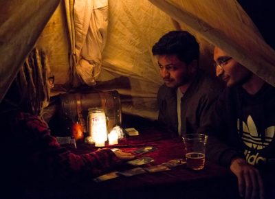 Patrons Vinay and Maneesh enjoying their tarot reading. Photo: Jessica Bundy