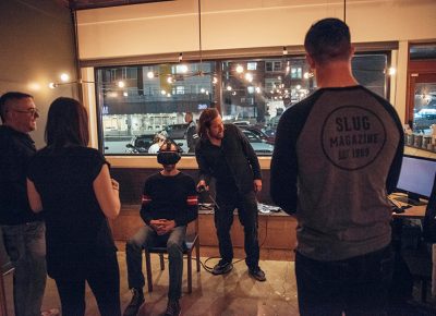 A crowd gathers, eager to try out the VR experience. Photo: Will Cannon