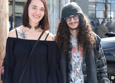 (L-R) Harlie and Chance take a smoke break during Grid Zine Fest at Publik Coffee. Chance delivers Guerilla Artfare for his brother, Zakk.