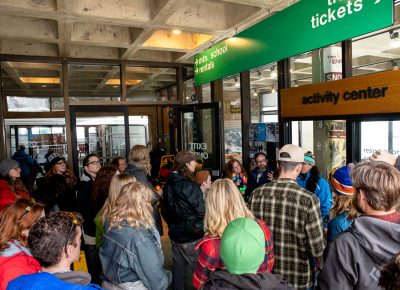 Fans await the tram while getting some information about loading in and the ride up. Photo: Lmsorenson.net