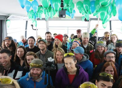 Happy faces and close quarters in the Snowbird tram during this Frontside Sessions event. Photo: Lmsorenson.net