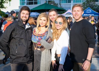 (L–R) Andrew, Kristy, Robert, Natalie and Whitman smile in welcome sunshine after a chilly start to the Brewstillery. High West’s Mint Jewel impressed Whitman, while Andrew liked Epic’s Lupulin Burst. Photo: John Barkiple