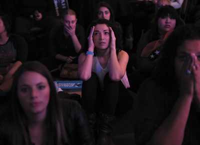 Stephanie Kravitz, middle, reacts to disappointing returns for Clinton during the Utah Democratic election party in Salt Lake City, Utah on Tuesday, November 8, 2016. Photo: Kim Raff for, The New York Times