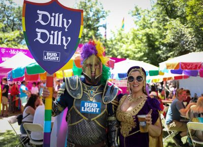 (L-R) Kyle and Beverly brought the Dilly Dilly to the Pride Parade and the Pride Festival. “Pride was one of the first times I realized how welcoming and accepting Salt Lake was because it showed how many people came out to gather around in support of the LGBT community and the tremendous amount of love from all different walks of life. I think there’s a lot of acceptance happening in Salt Lake City. Pride’s just a beautiful day, and it warms your heart,” Beverly said. Photo: John Barkiple