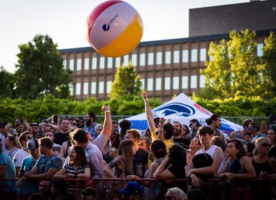 Beach balls keep the crowd entertained in-between sets.