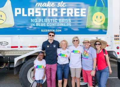 Salt Lake City Mayor Jackie Biskupski along with family, friends and the brand-spanking-new, green, recycling truck are ready to hit the road. Photo: Logan Sorenson | Lmsorenson.net