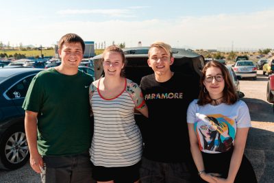 Jorden, Krisit, Jaeden and Raina are chilling in the parking lot before the doors open. Photo: Lmsorenson.net