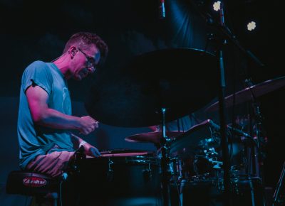 Andy Stack spotted playing drums with both hands. Photo: Matthew Hunter