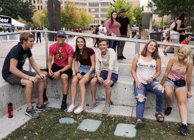 Matt, Liam, Ashley, Alex, Emily and Kamiya park for the evening on some of the only seats around. Photo: Logan Sorenson | Lmsorenson.net