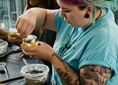 Crafting while having personal instruction and demonstrations at the concrete air planters workshop.