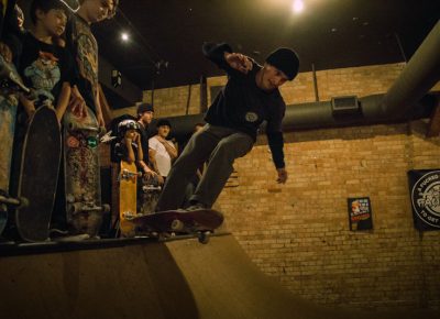 Shredding it on the mini ramp.