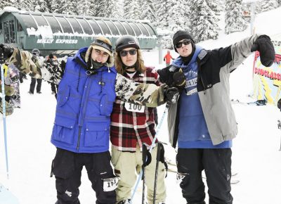 Contestant #161 Bayard Baker, #100 Tucker Fitzsimons, and #162 Hayden Kjelleren hanging out between runs.