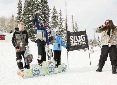 The winners of Men's 17 & under snow are excited to be on the podium. 1st place Isaac Harkness, 2nd place Greyson Hawkins, and 3rd place Noah Singer.