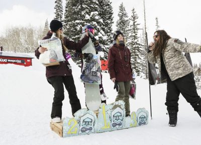 Winners of the woman’s open snow show gratitude. 1st place Gwynnie Park, 2nd place.