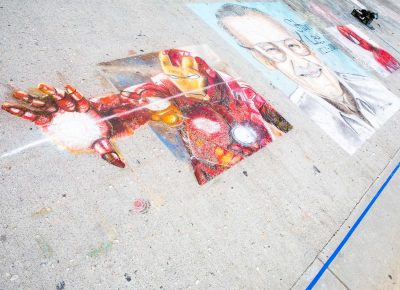 Finished work from the Stan Lee Sidewalk Chalk Tribute features iconic Ironman and Spider-Man, as well as Stan Lee, himself. Photo: @Lmsorenson