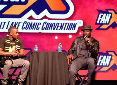 Luke Cage himself, Mike Coulter on stage talking about his influence as a "Black Captain America" as put forward by host Jay Whittaker during his panel. Photo: @Lmsorenson