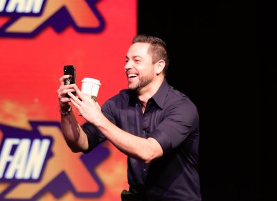 Zachary Levi of SHAZAM! Live streaming his entrance to the stage on Instagram. Photo: @Lmsorenson