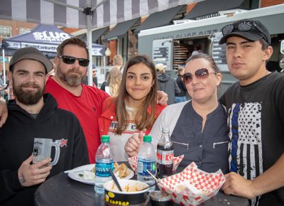 (L-R) Collin Chipping, Mike Chipping, Gaby Zambrana, Casey Chipping and Hayden Jackson enjoy the spring weather at Brewstillery. Collin particularly enjoyed his “fantastic” rye cream ale. Photo: John Barkiple