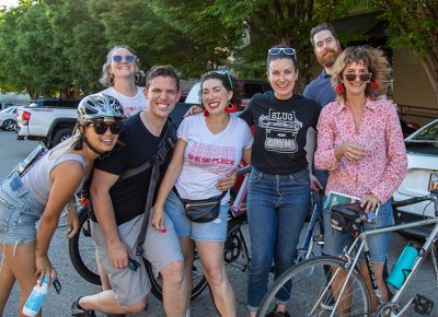 (L–R) Alicia Chen, Chrissy Upton, Ian Greaves, Jennifer Ortiz, SLUG Magazine’s Angela Brown, Jason Brower and Sabrina Sanders relax after the 2019 SLUG Cat. Photo: Kaylynn Gonazlez