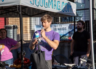 Three-time SLUG Cat champion Davey Davis tells the story of how he handicapped himself by riding SLUG Magazine’s old beater that he won in 2018’s SLUG Cat. Davis gave the bike to 2019 winner Clint Campbell. Perhaps it will continue to serve as a traveling trophy for the 8th Annual SLUG Cat in 2020. Photo: Kaylynn Gonazlez