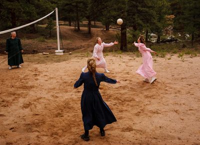 Members of the Fundamentalist Church of Latter-Day Saints play volleyball at a home in Westcliffe, Colorado on July 28, 2008.