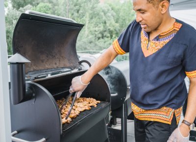 Chef Abudu takes full advantage of the Traeger grills to prepare his delicious jerk chicken. Photo: Talyn Sherer