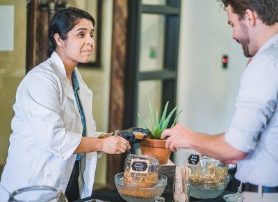 Salsa Chef Merab discusses her business model—doorstop delivery of her delicious homemade salsas. Photo: Talyn Sherer